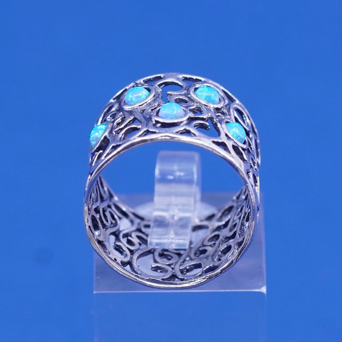 Size 8, vtg Israel sterling silver ring, handmade 925 filigree band w/ opal