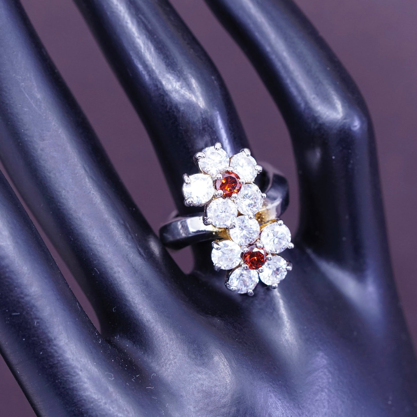 Size 6.75, vtg Sterling 925 silver handmade ring with crystal flower and ruby