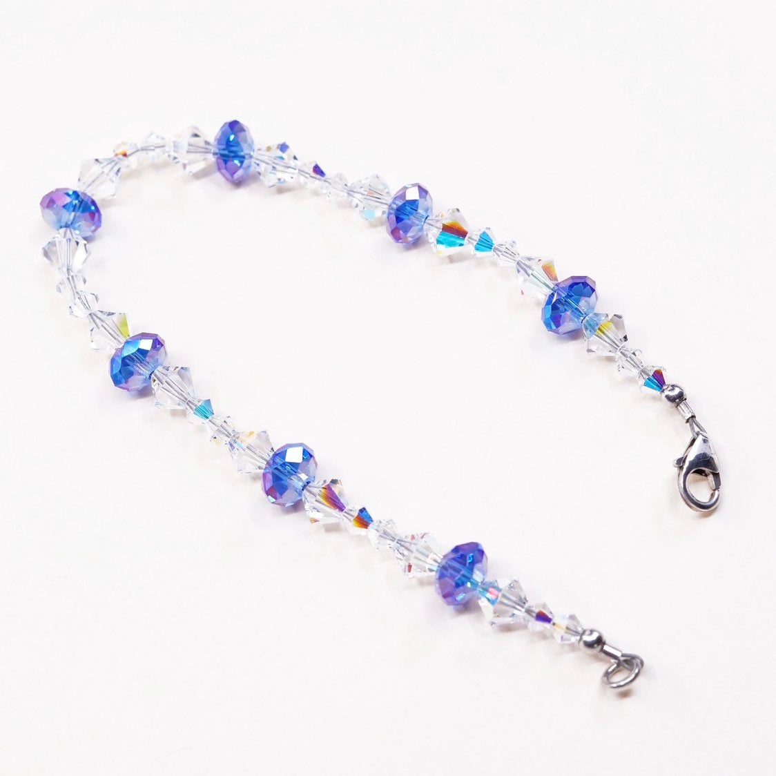 7.25", Sterling silver handmade bracelet, clean N blue crystal Swarovski beads