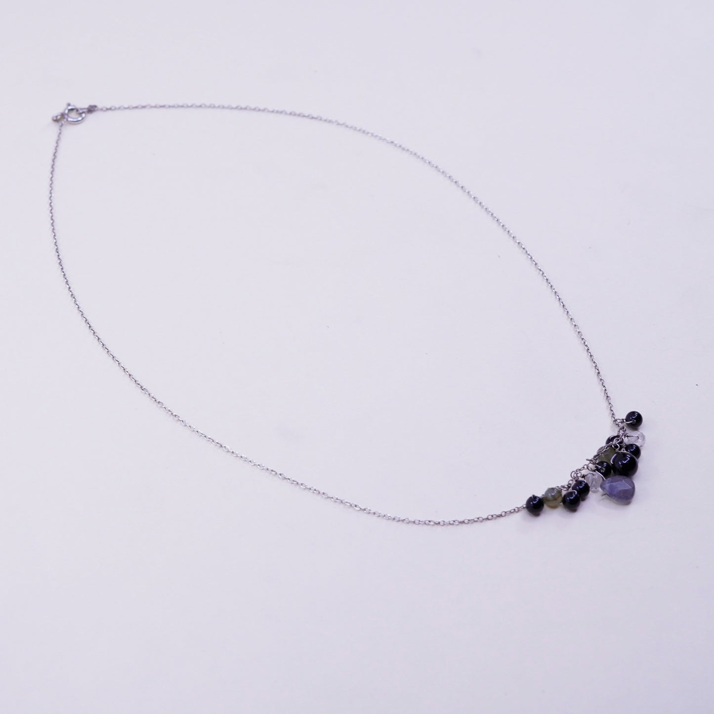 18”, Sterling 925 silver necklace chain cluster labradorite obsidian beads
