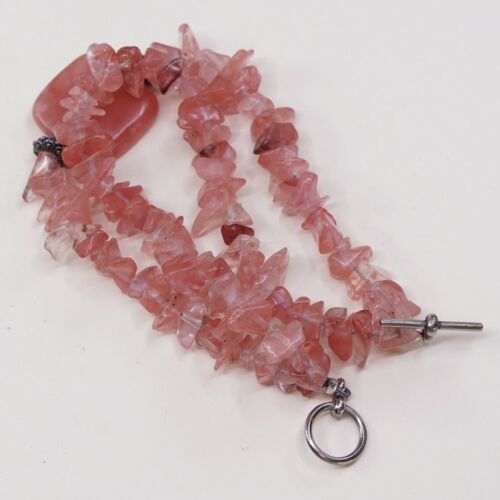 7”, Vtg Antique Silver Tone Handmade Bracelet W/ Pink Quartz Nuggets