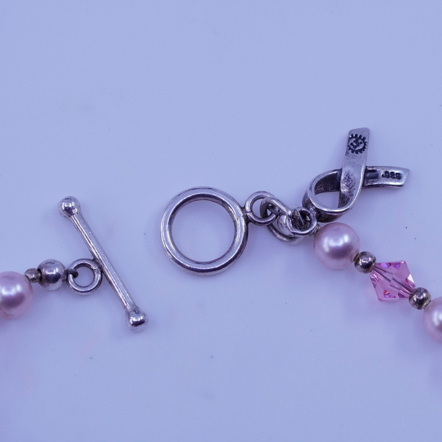 7”, Sterling 925 silver bracelet freshwater pearl breast cancer ribbon bow tie