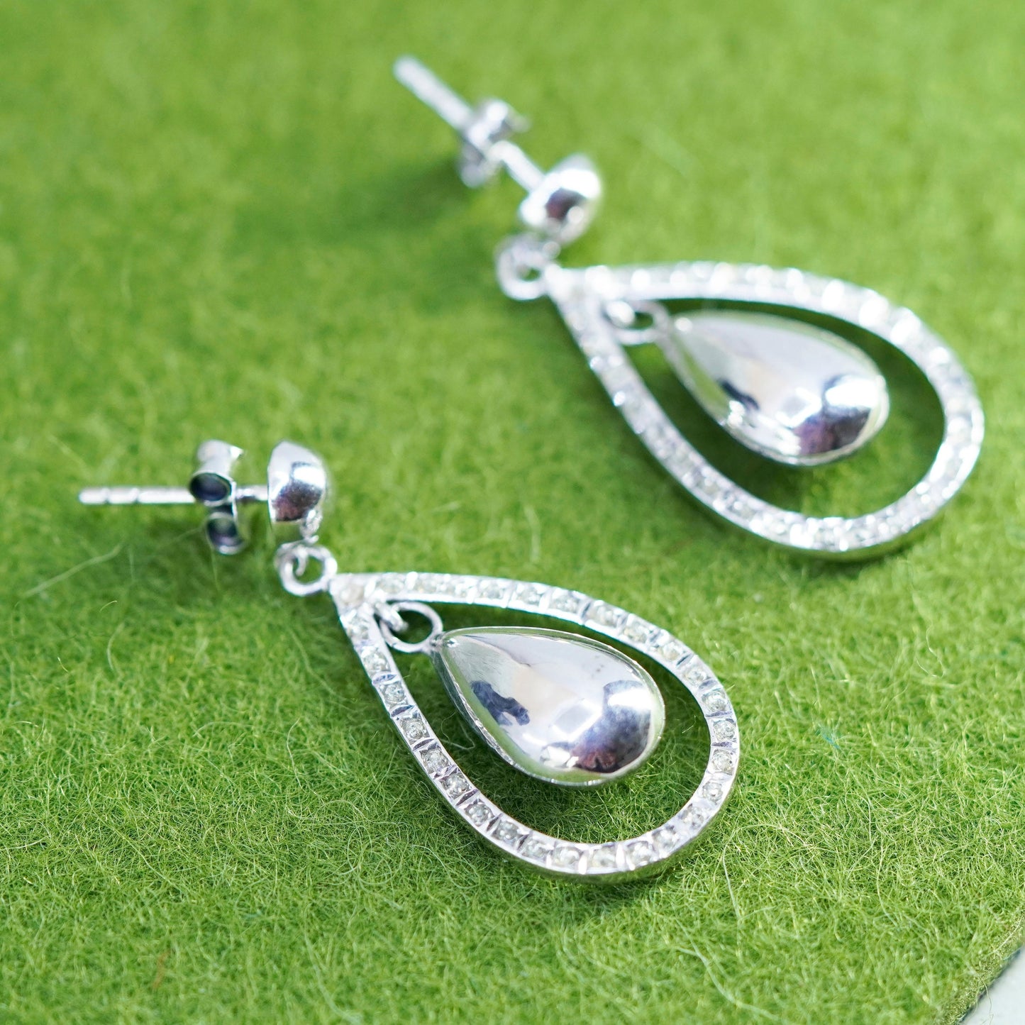 Vintage Sterling silver handmade earrings, 925 teardrop drops with cz around