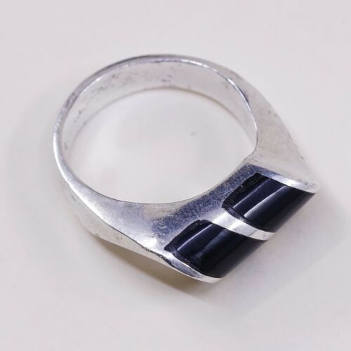 Sz 8, Vtg Sterling Silver Handmade Ring, Mexico 925 Modern Band W Obsidian Inlay