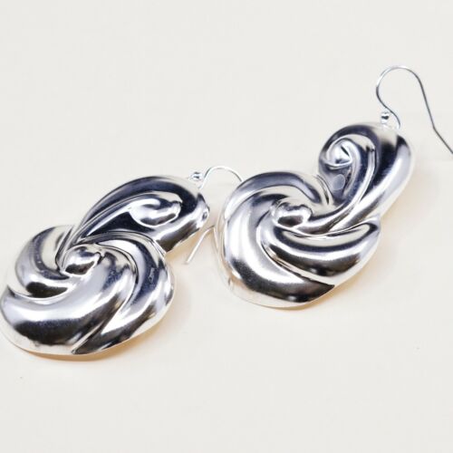 Vintage Sterling Silver Handmade Earrings, 925 Silver Swirl Whirly Dangles