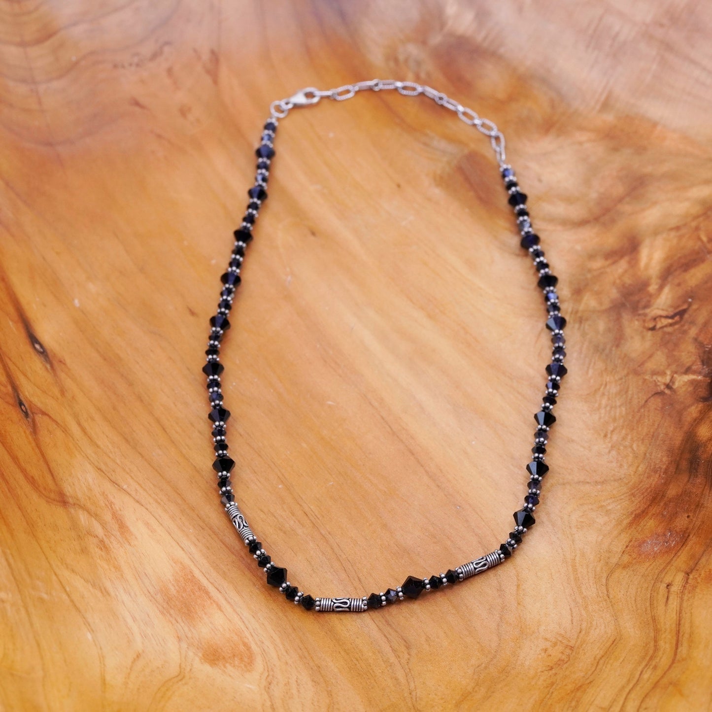 16+3” vintage sterling 925 silver handmade necklace with obsidian beads