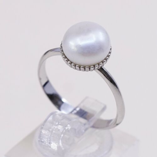 Sz 8, Vtg Sterling 925 Silver Handmade Ring W/ Freshwater Pearl, Simple Elegant