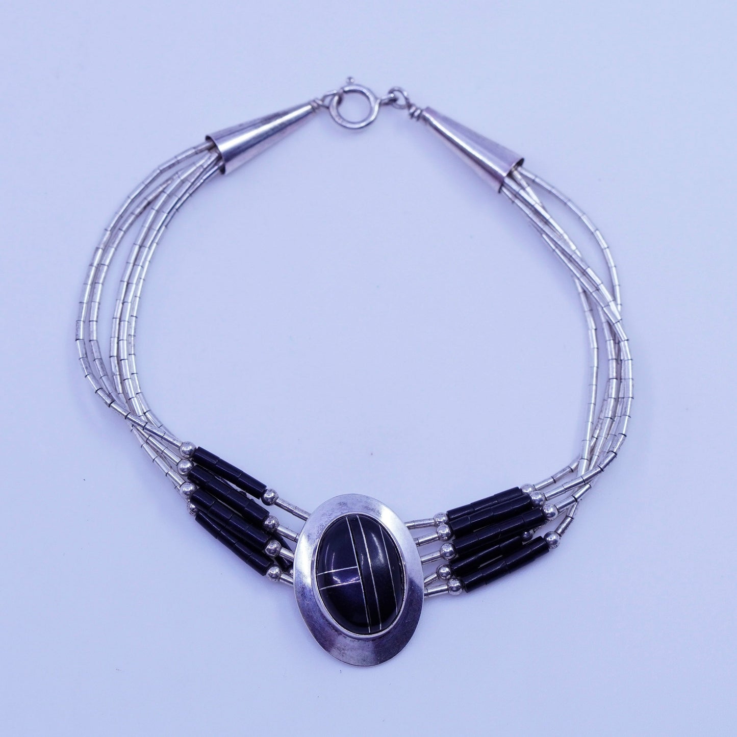 6.75”, Vintage Sterling 925 silver handmade bracelet, liquid chain Zuni charm