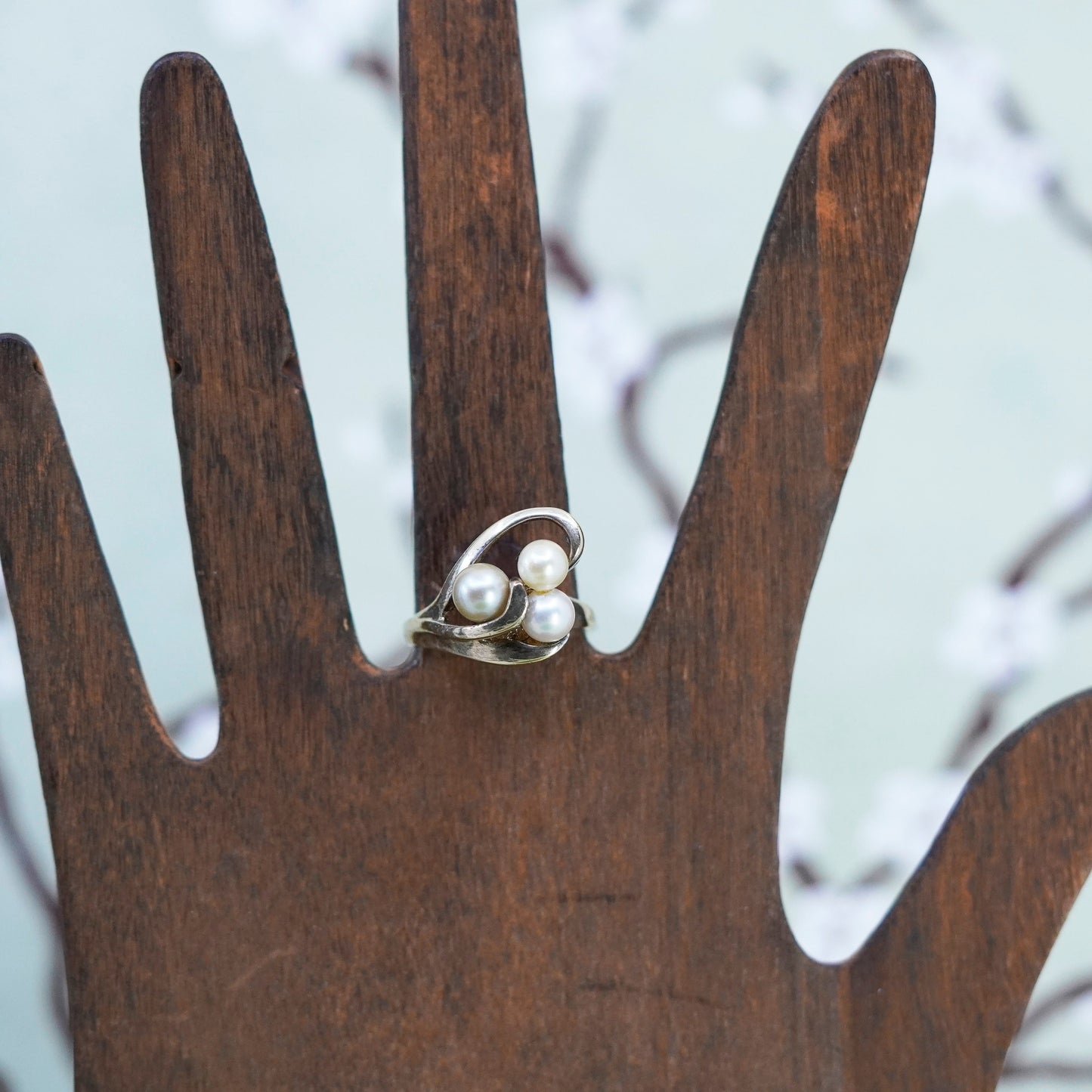 Size 8, vintage vermeil gold filled sterling 925 silver statement ring pearls