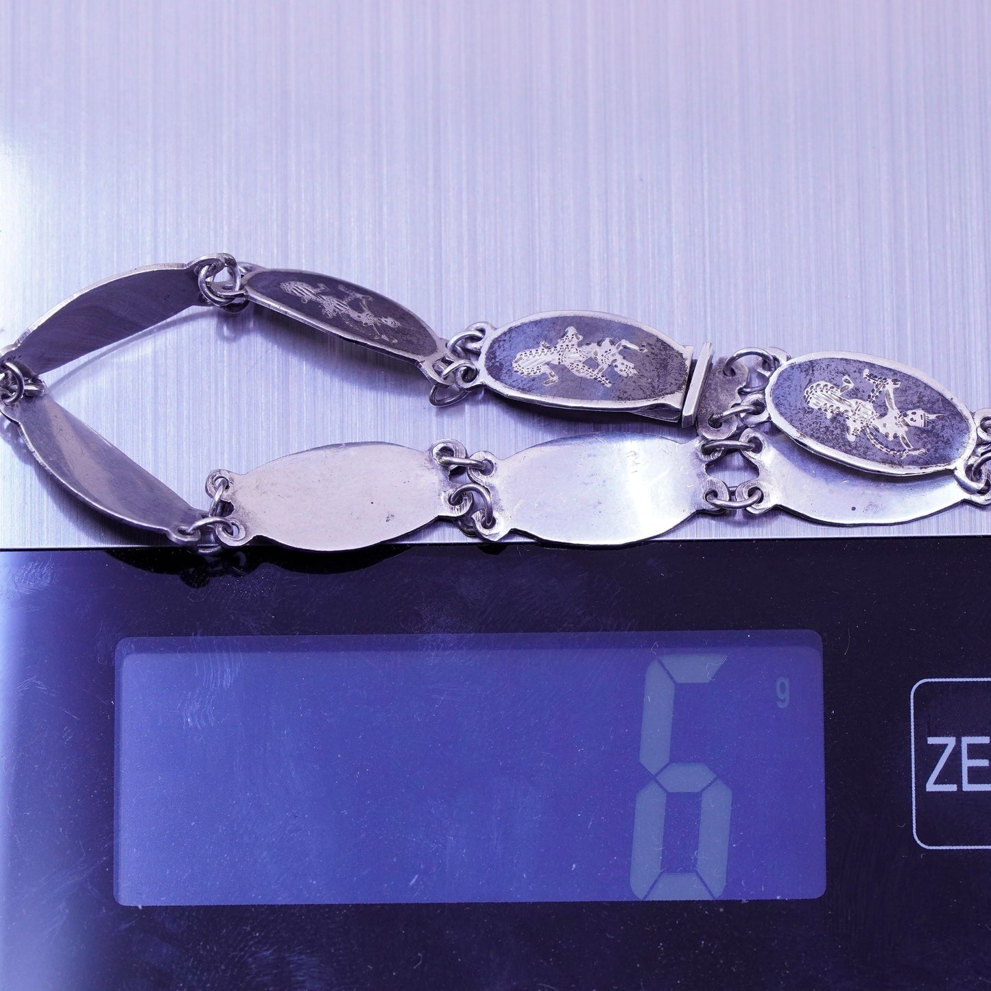 6.5”, Vintage Indian Siam sterling silver bracelet, 925 disc engraved goddess