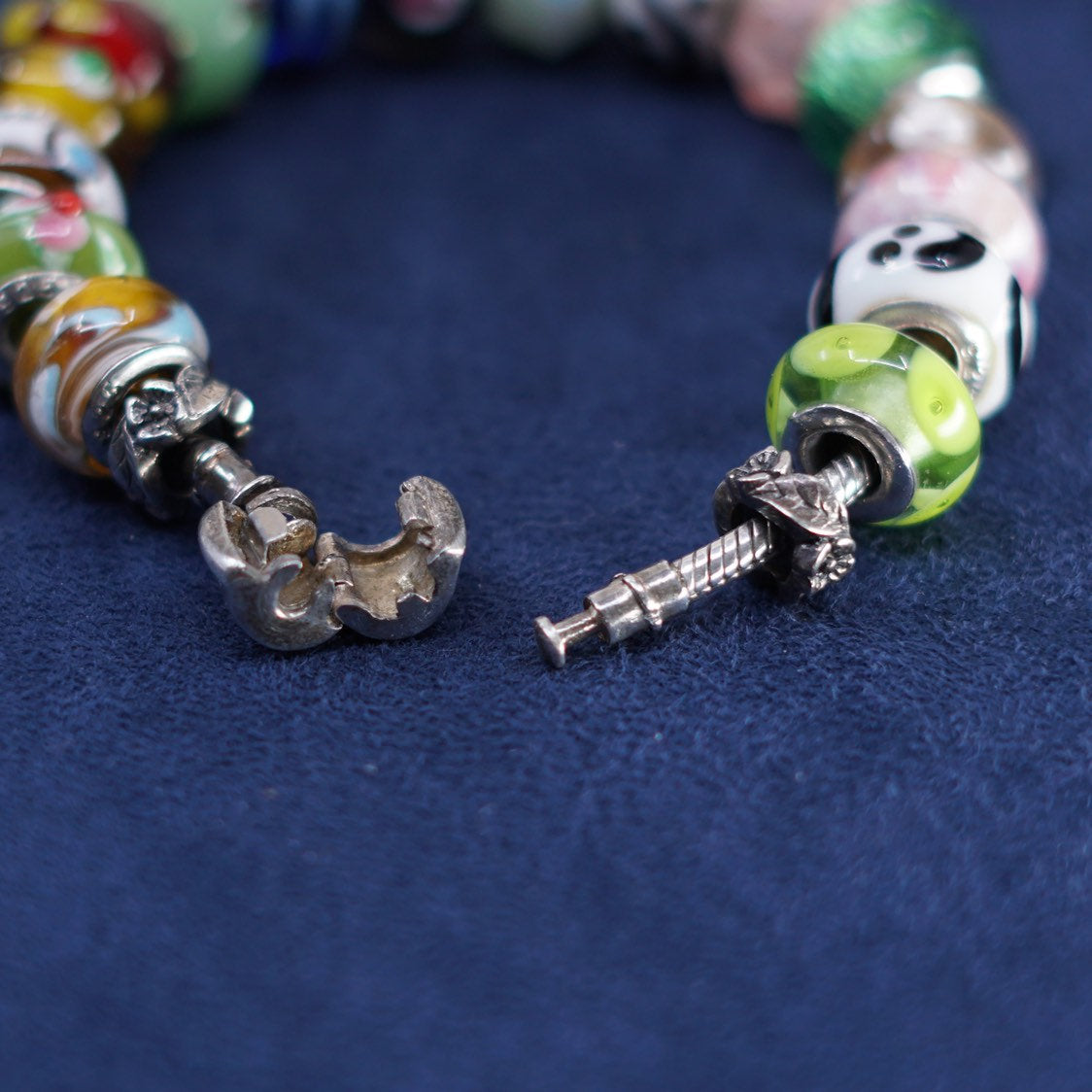 6.75", Silverado sterling 925 silver snake chain bracelet, murano glass beads