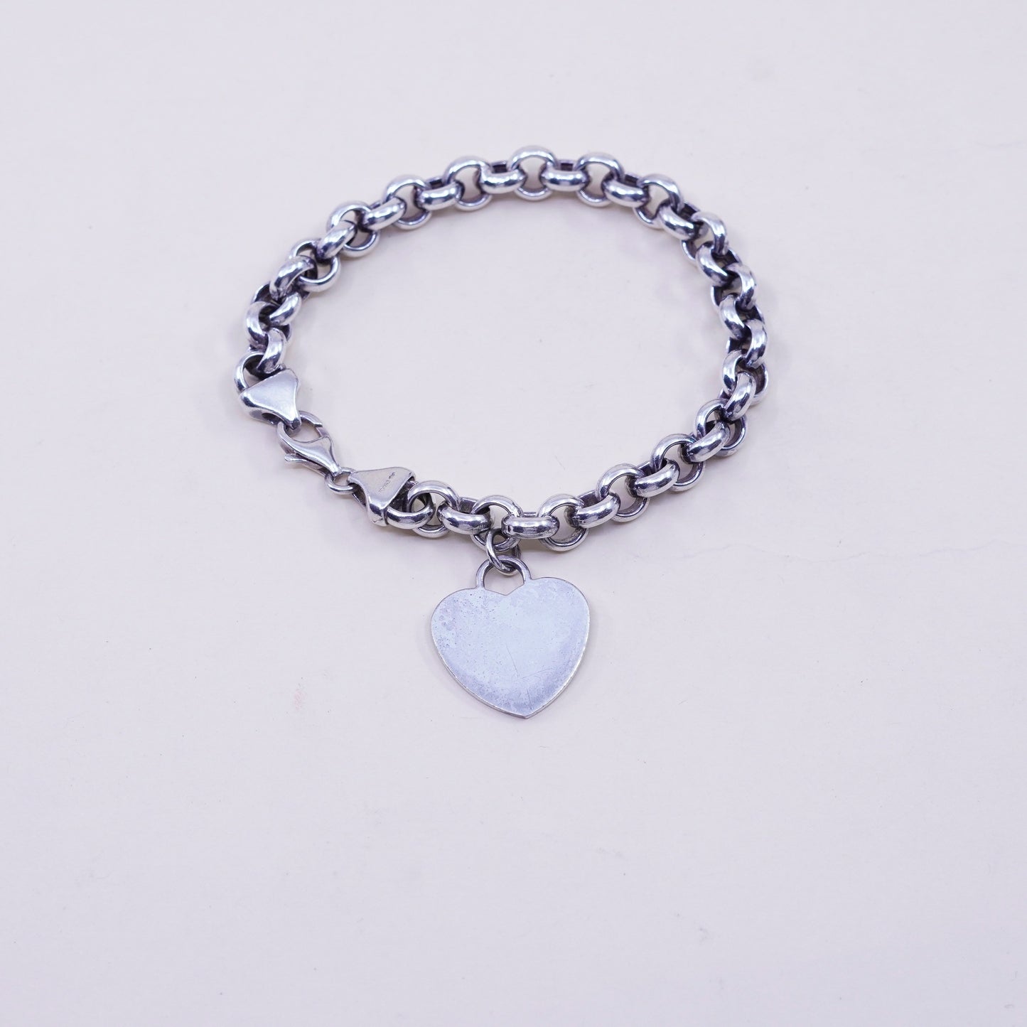 7”, 8mm, sterling silver circle bracelet, 925 chain heart charm toggle closure