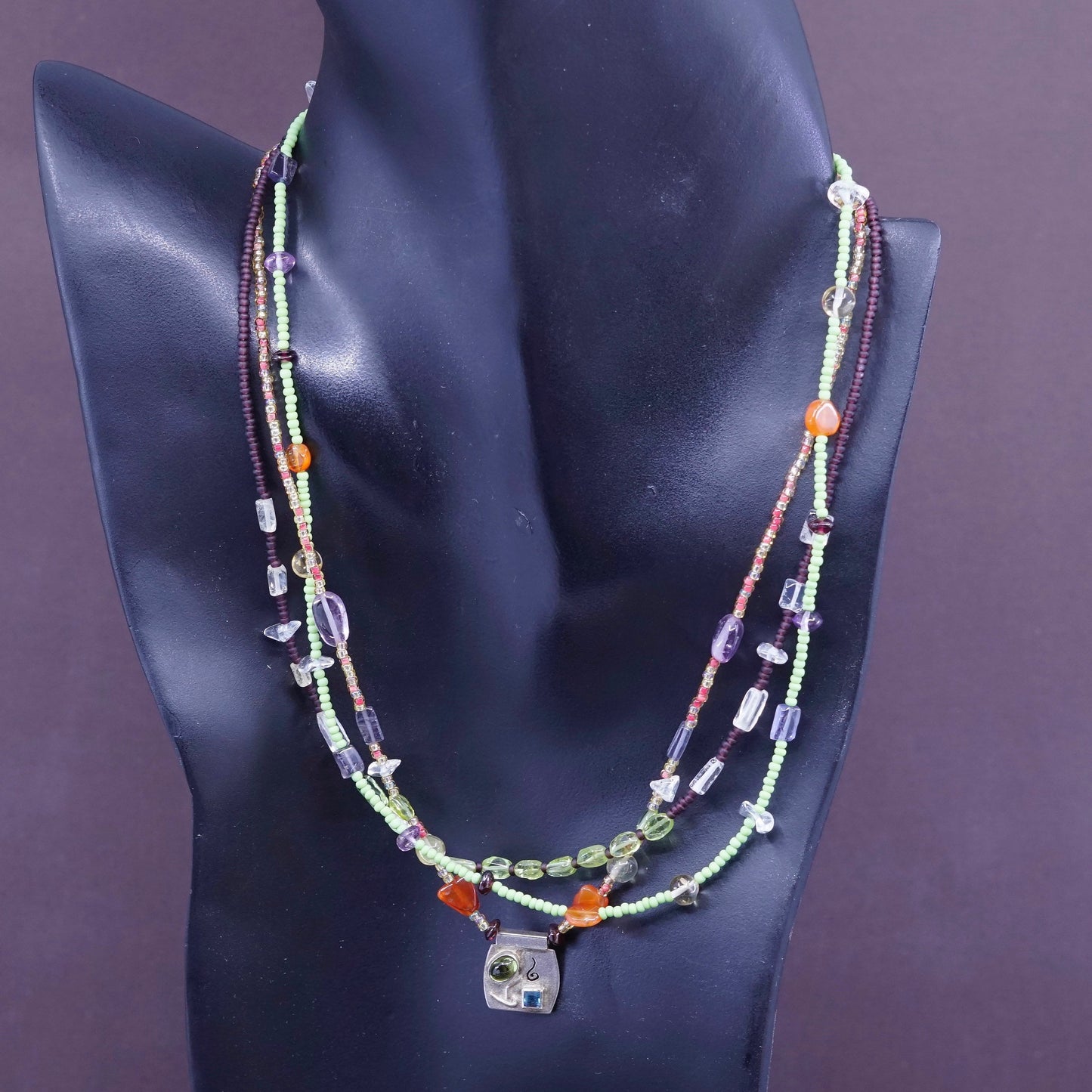 16”, Southwestern sterling 925 silver multi strands necklace carnelian amethyst
