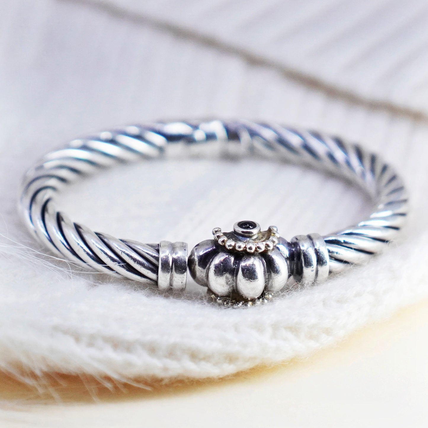 6.75”, Italy FLLI MENEGATTI 925 sterling silver Cable Cuff bracelet 14K beads