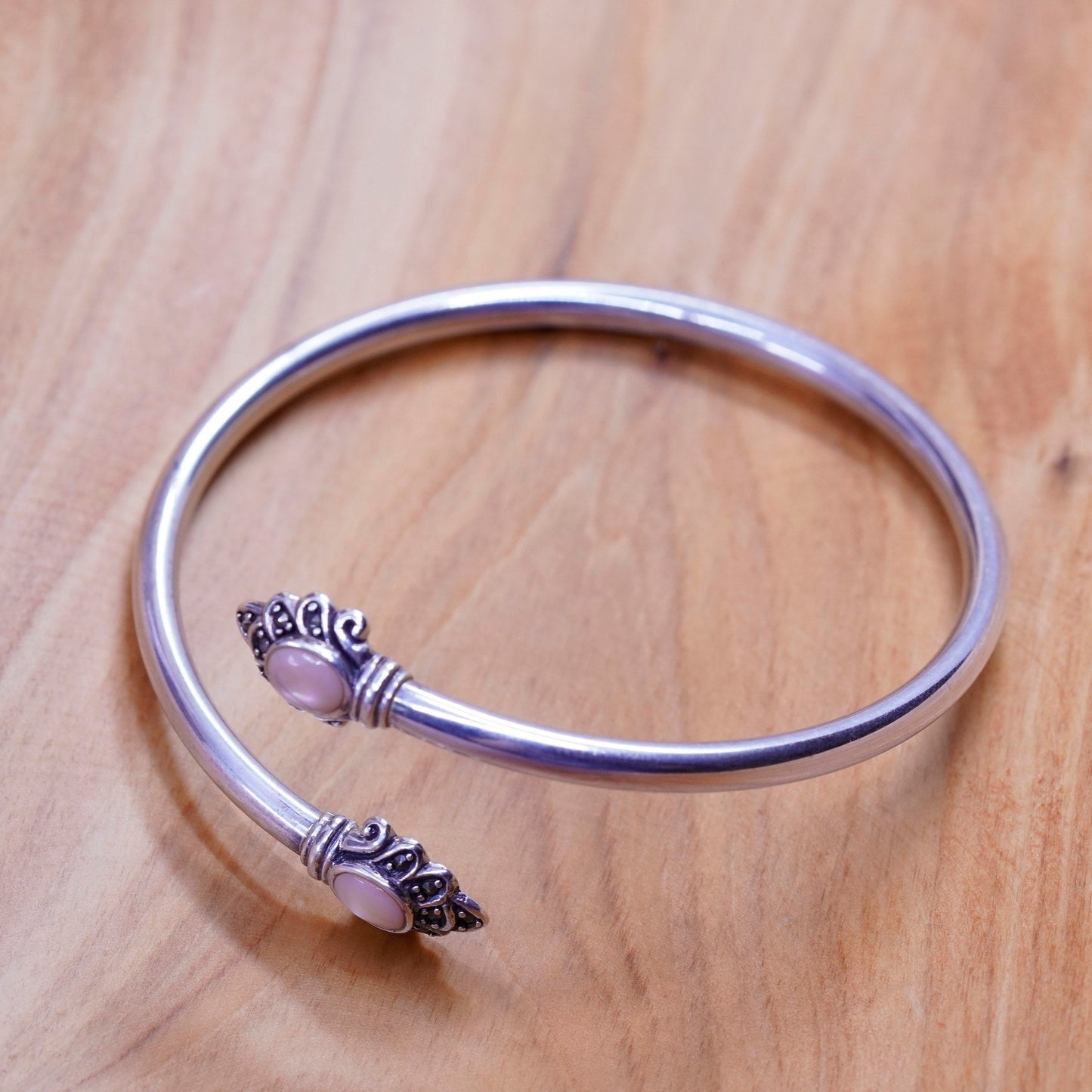 7.5”, Sterling silver handmade bracelet, 925 wrap cuff w/ abalone and marcasite