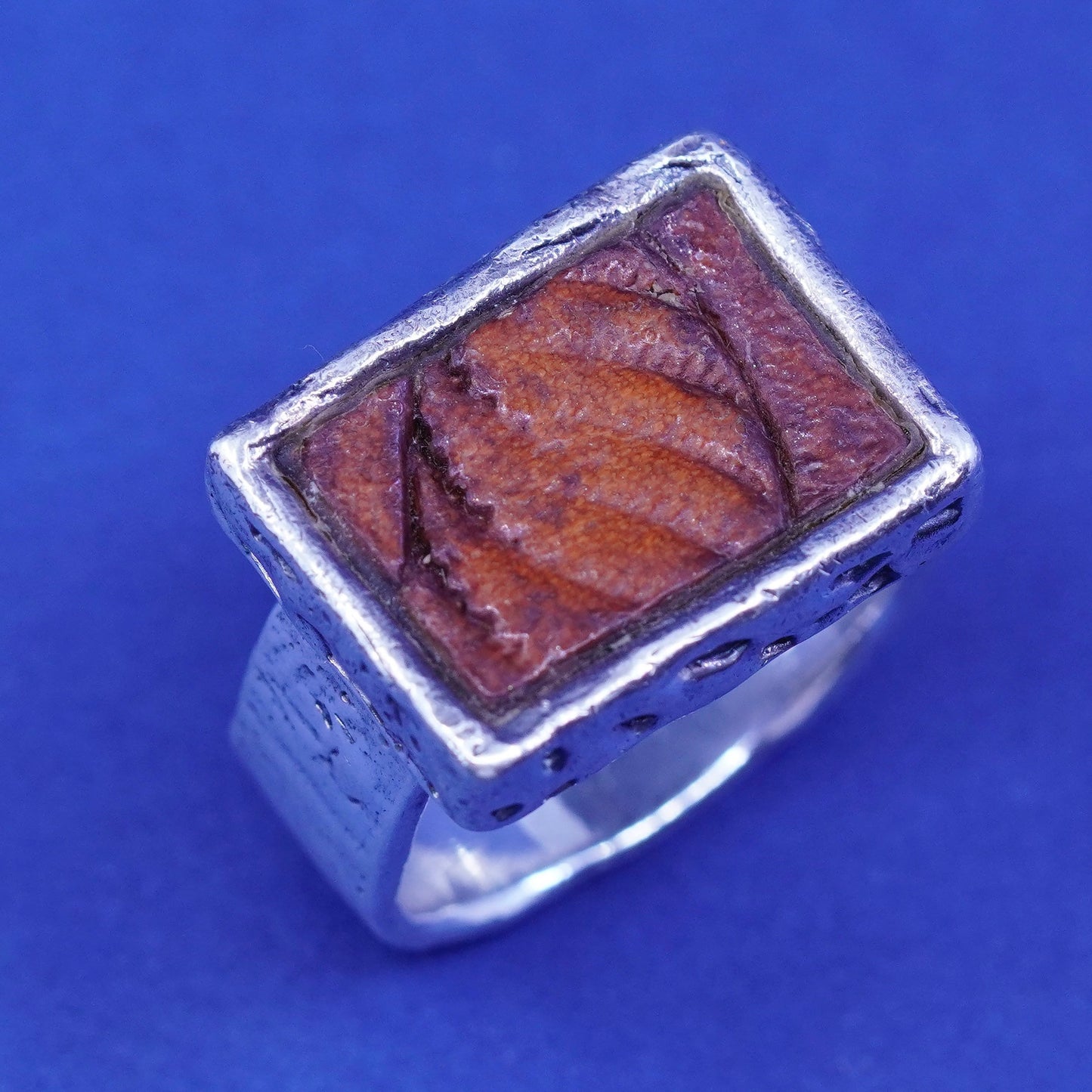 Size 8.5, Vintage Peyote Bird Sterling silver handmade ring, 925 square leather