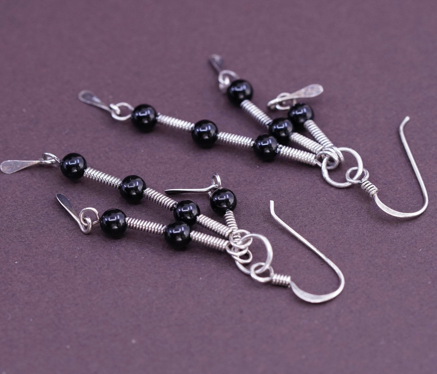 Vintage Sterling silver handmade earrings, Mexico 925 with bead obsidian