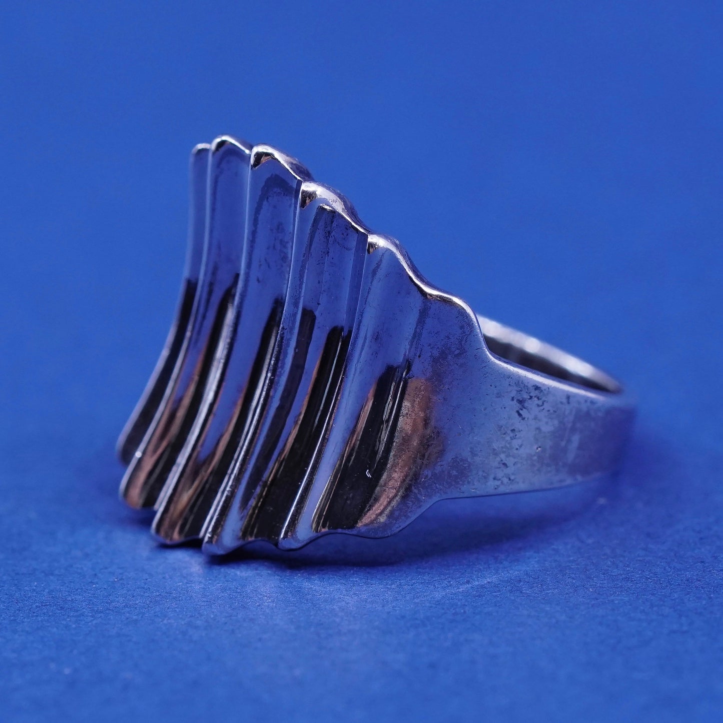 SZ 9, vtg minimalist Sterling silver handmade ribbed ring, 925 statement band