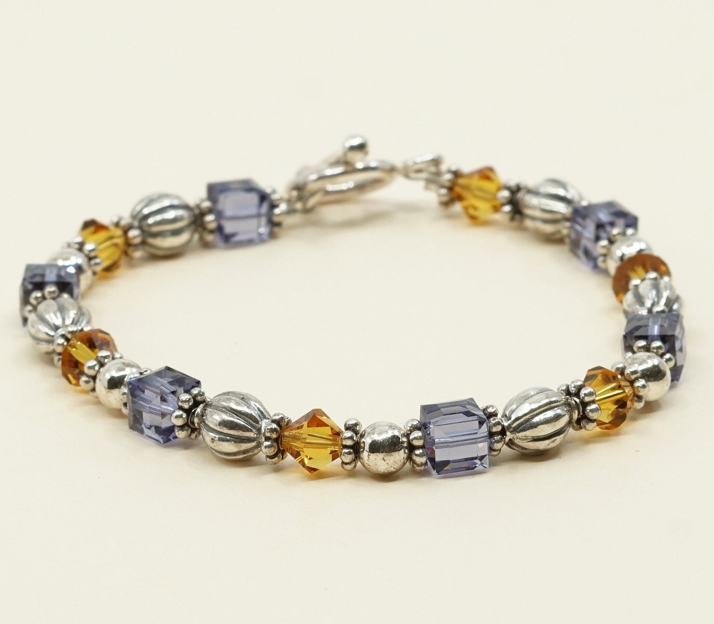 7", VTG Sterling 925 silver handmade bracelet w/ purple, yellow Swarovski beads