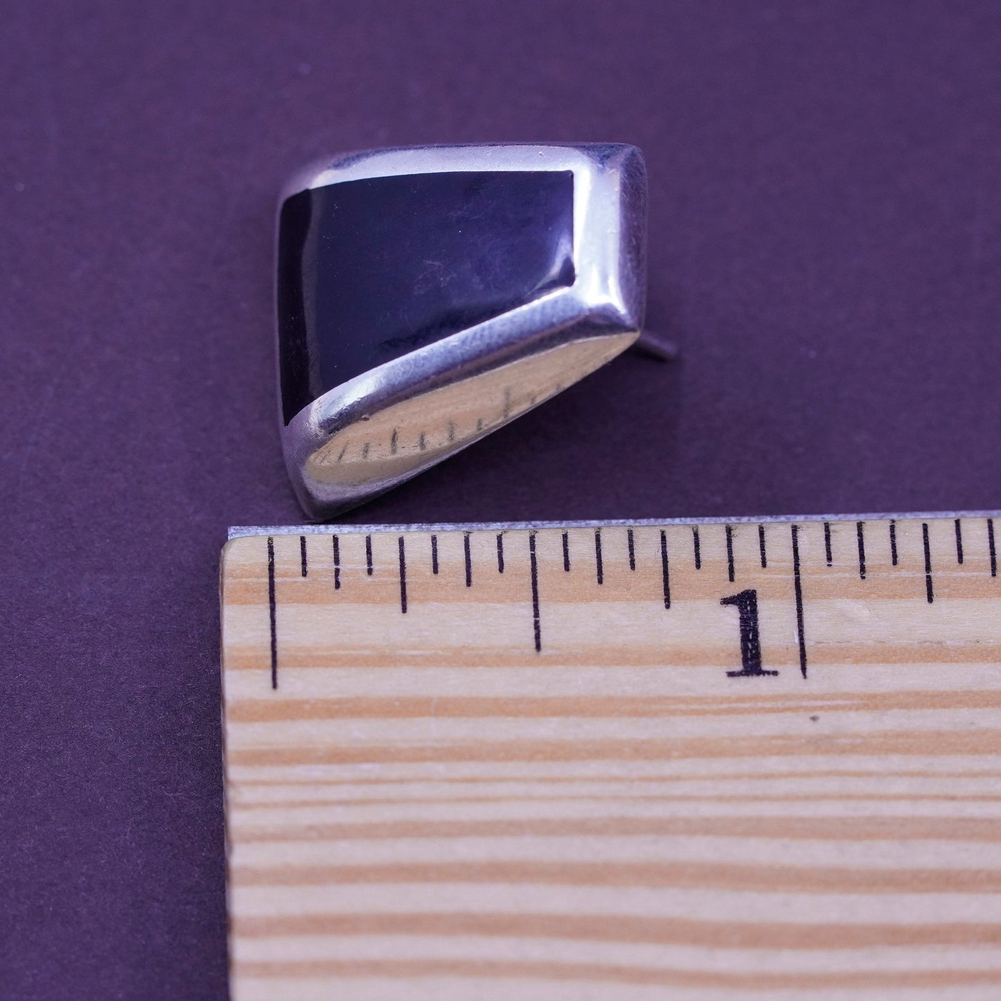 Vintage Mexico Sterling 925 silver handmade studs earrings with obsidian inlay, stamped 925 Mexico