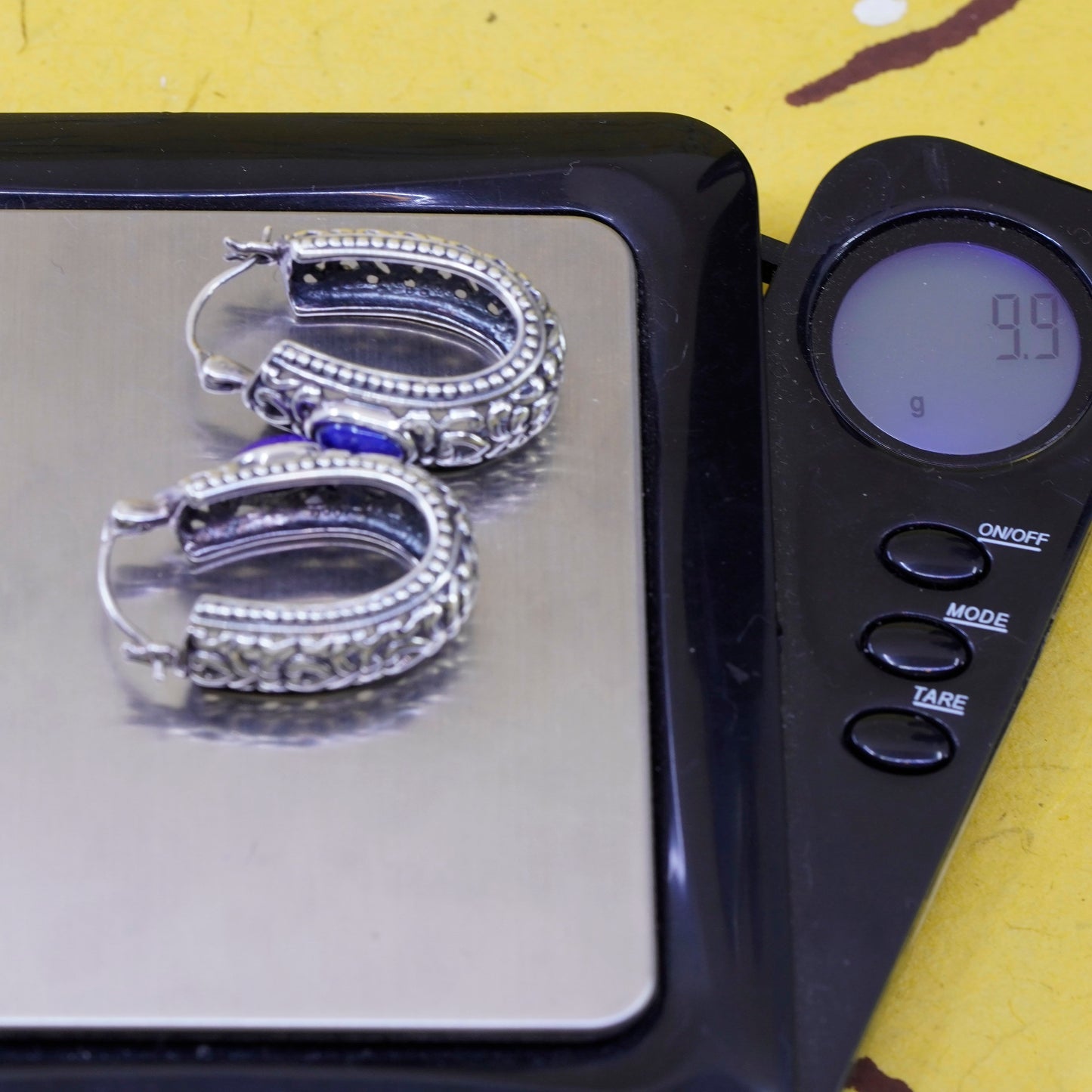 1”, Sterling silver handmade earrings, 925 huggie, filigree hoops lapis lazuli