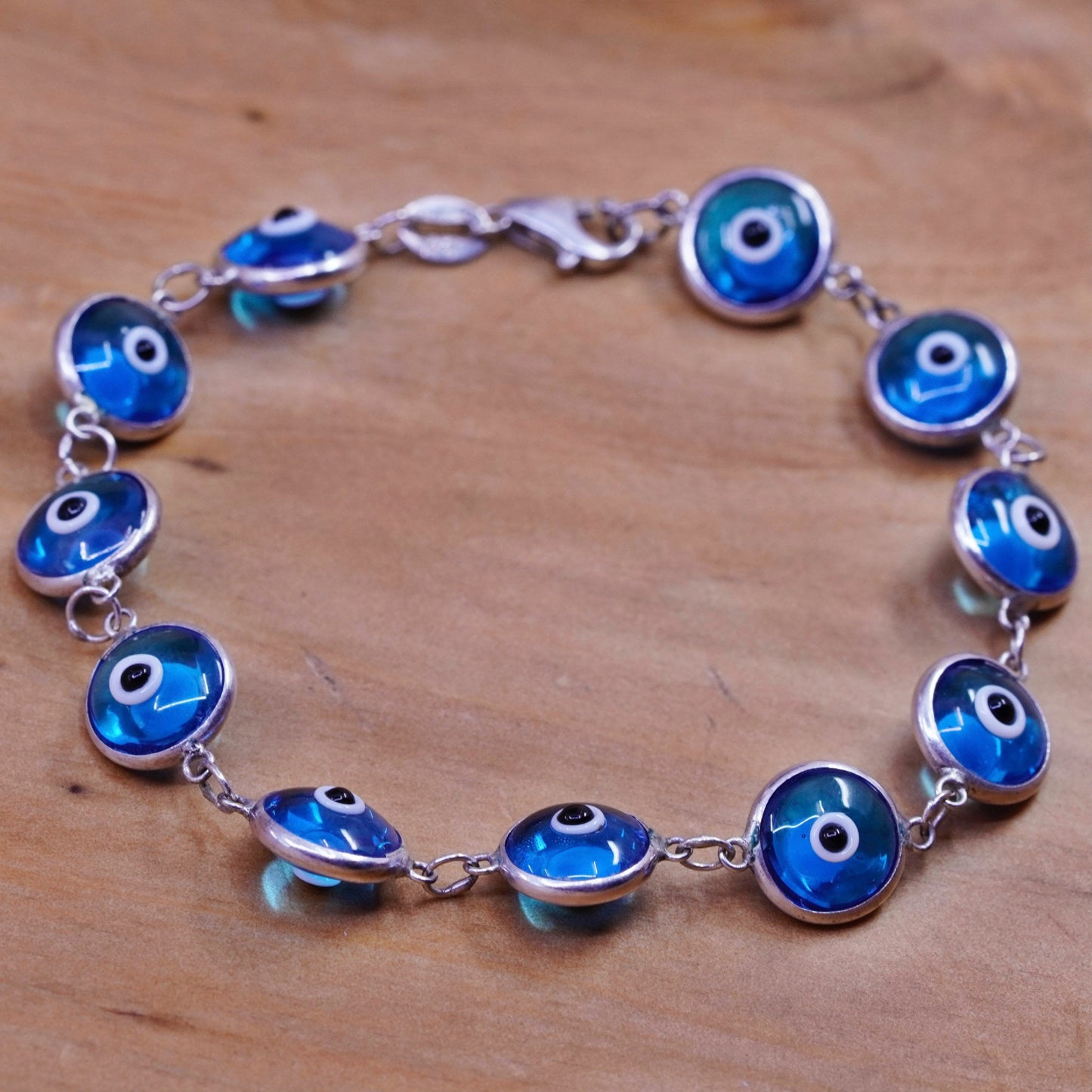 7”, vintage sterling 925 silver handmade bracelet blue evil eye bracelet