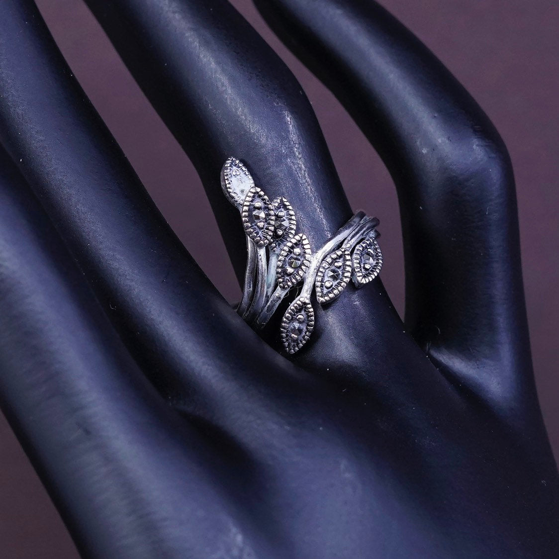sz 6.75, vtg sterling silver handmade ring southwestern 925 leaves w/ marcasite