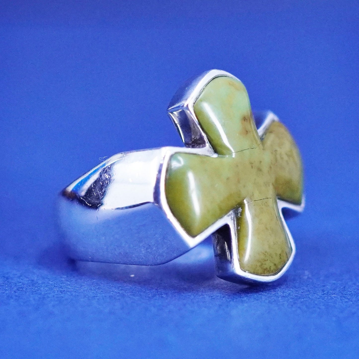 Size 7, vintage sterling silver handmade ring, 925 band jasper Jerusalem cross