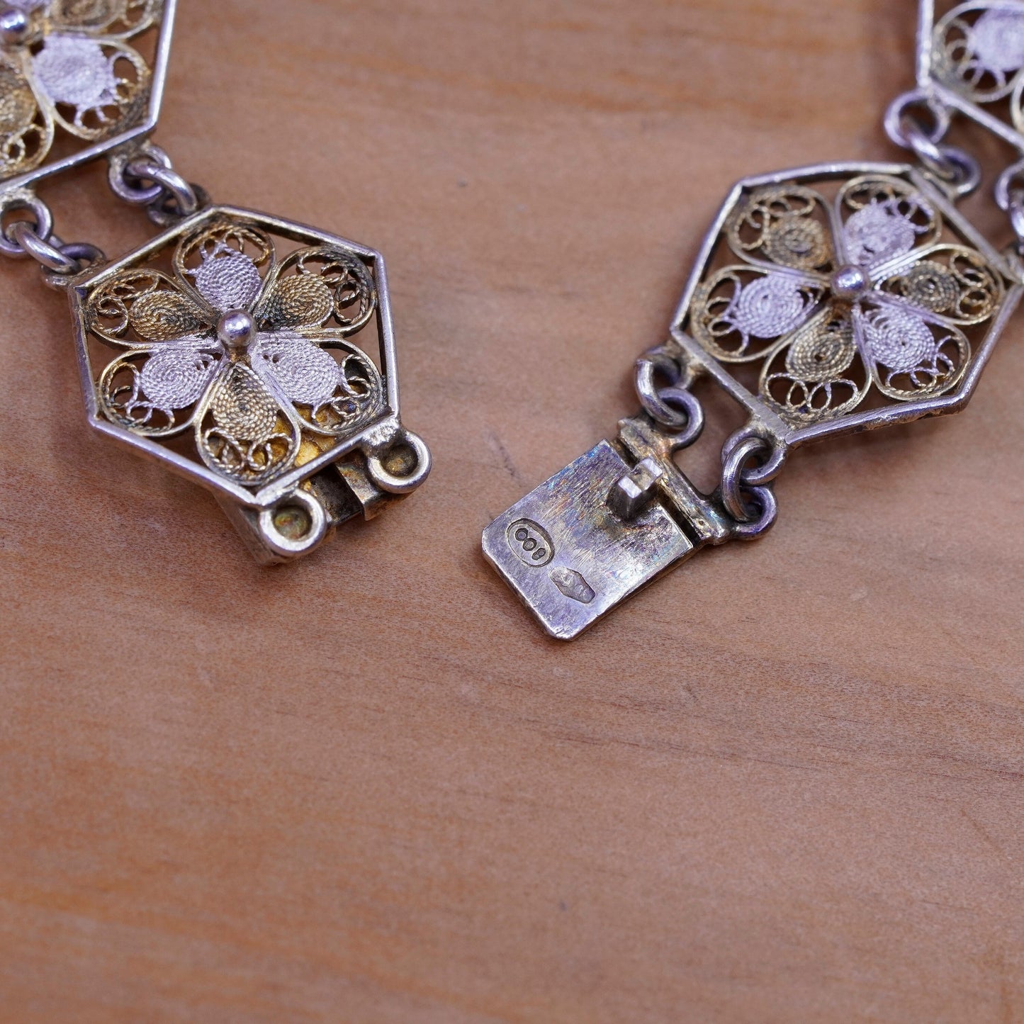 7”, vtg Germany 800 Sterling silver handmade bracelet, filigree floral chain