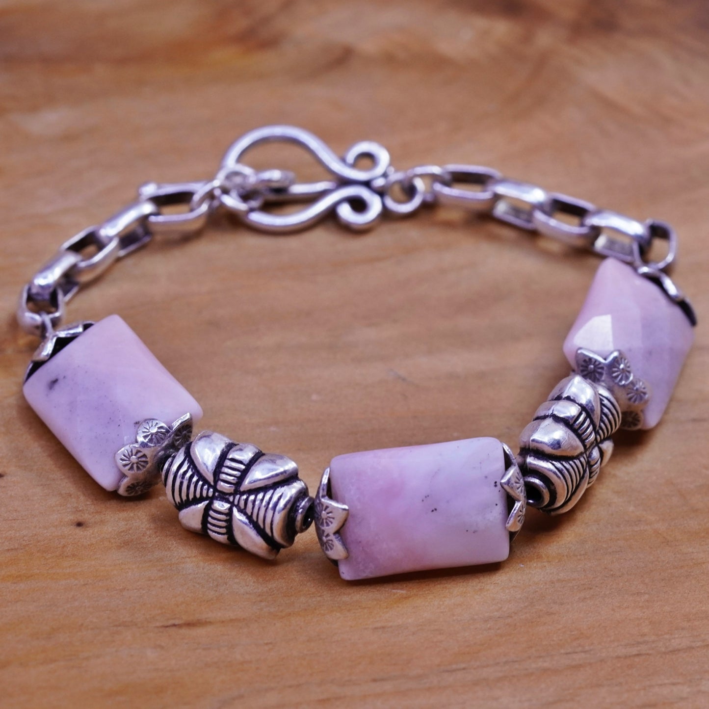 7”, vintage mexico Sterling 925 silver handmade bracelet with jasper and beads