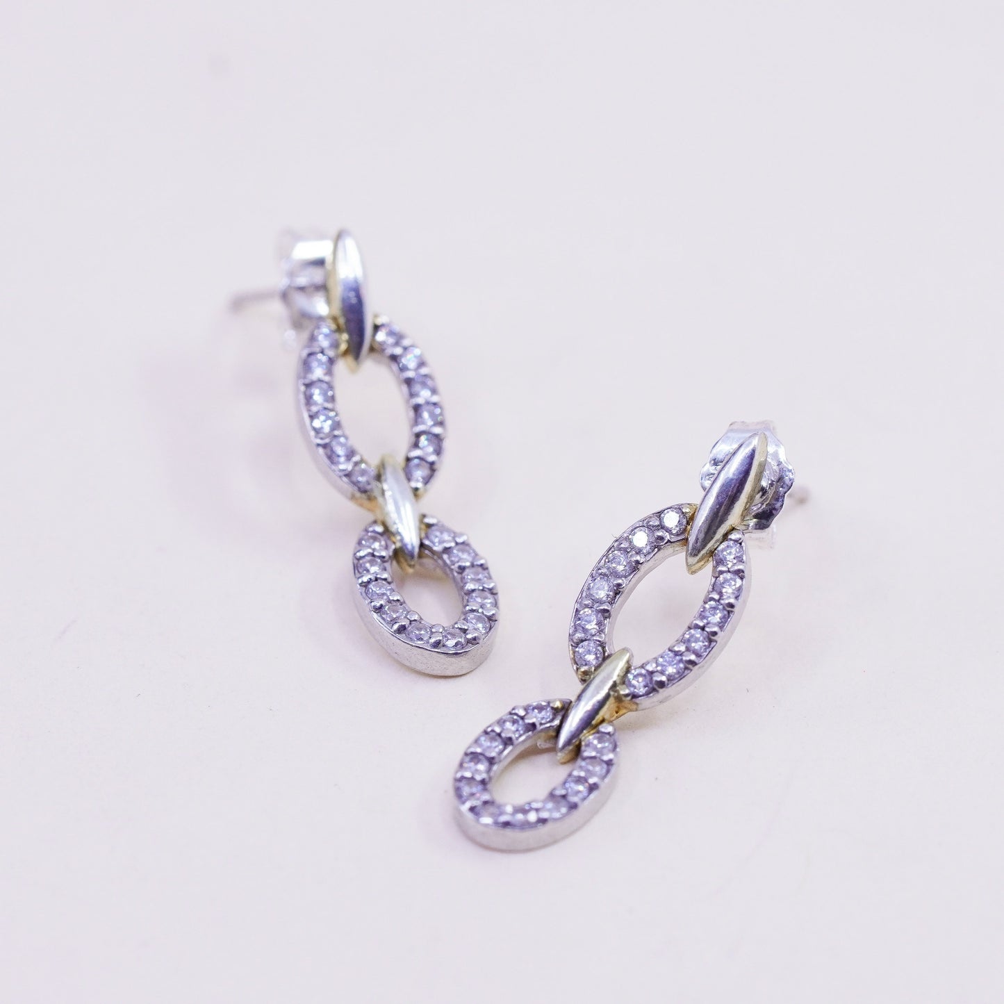 Vintage sterling 925 silver handmade oval earrings with round CZ