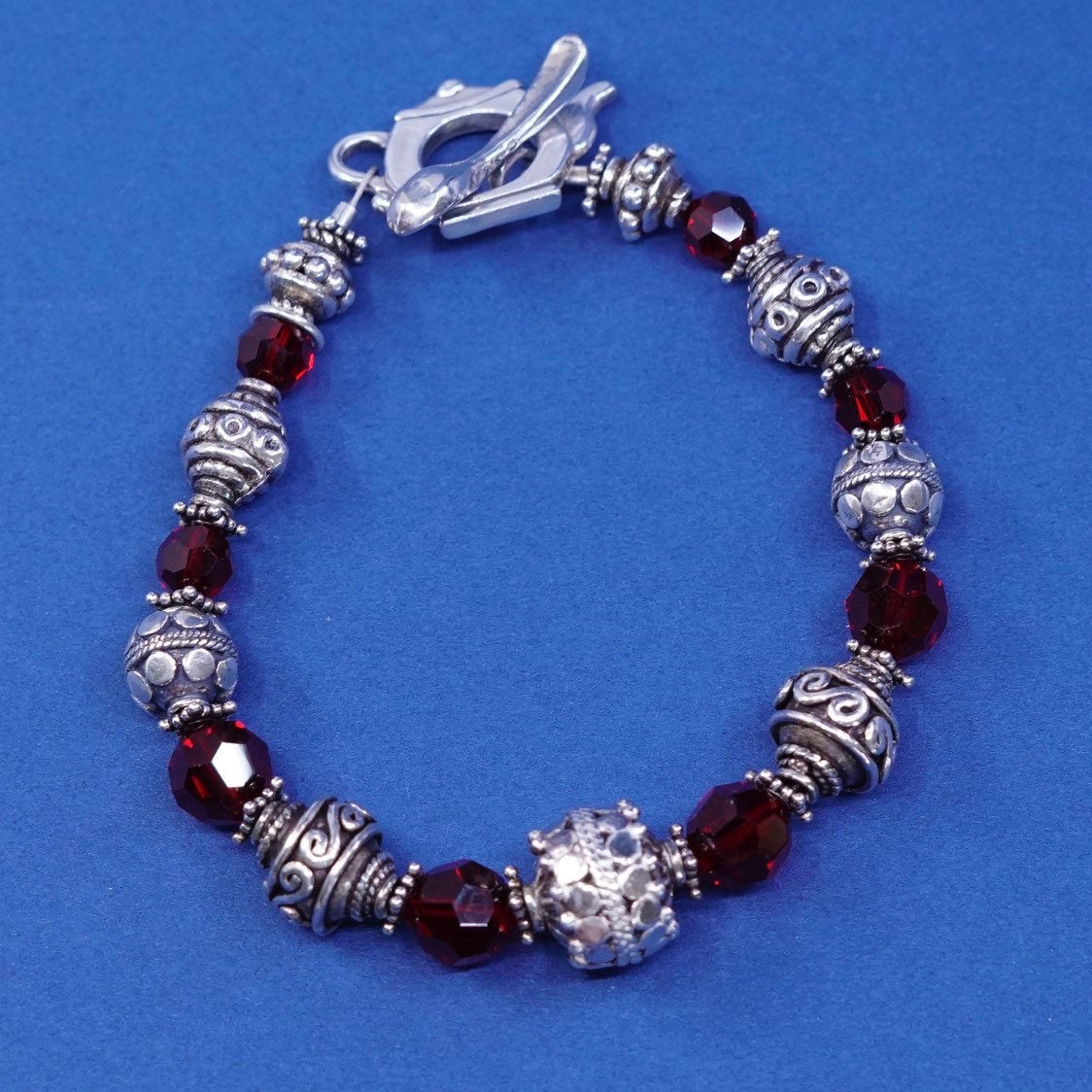 6”, vtg sterling silver handmade bracelet, 925 w/ crystal beads N teapot spoon