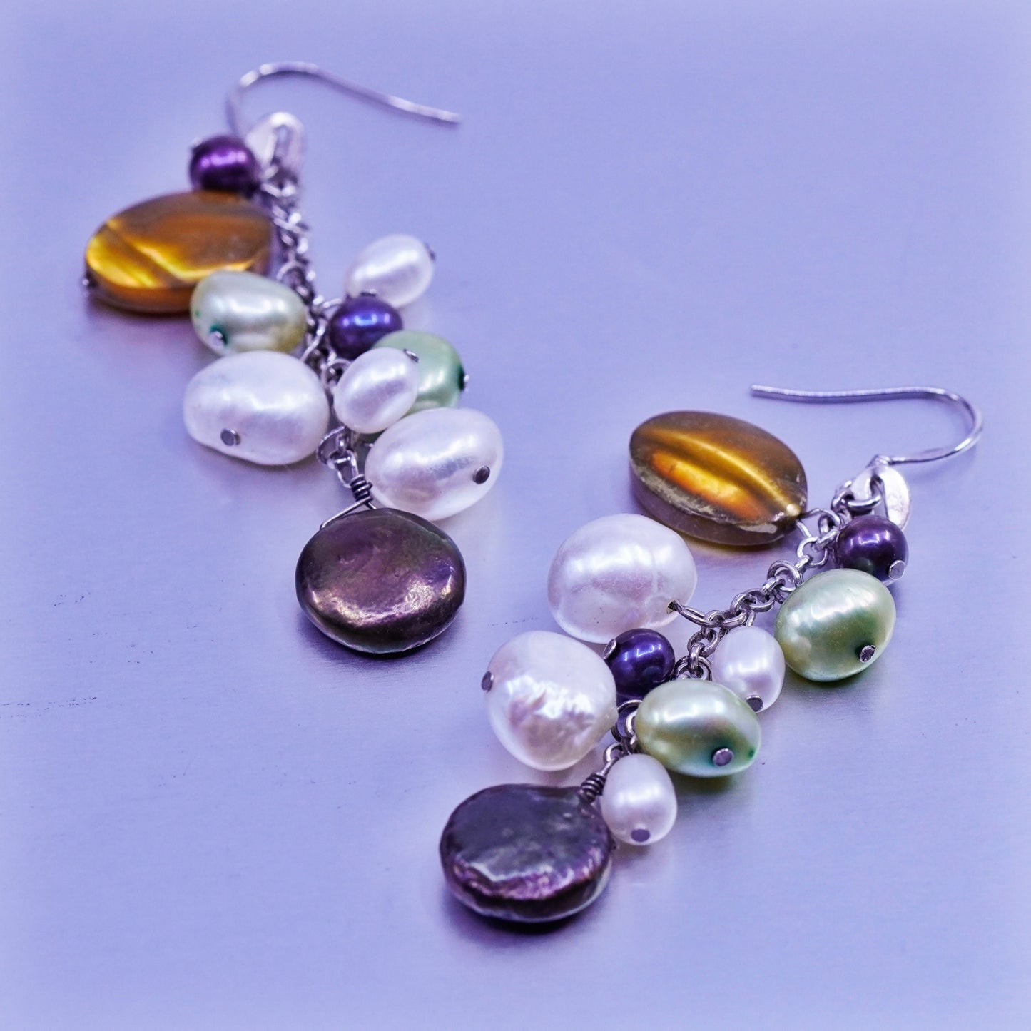 Vintage Sterling 925 silver handmade earrings with cluster freshwater pearl