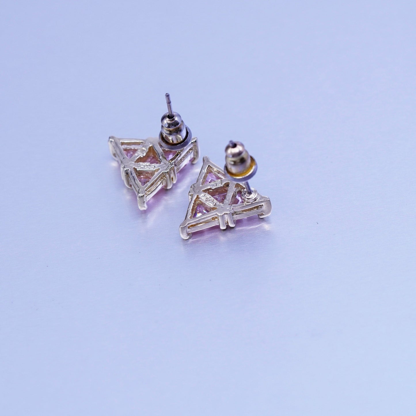 vermeil gold filled Sterling 925 silver triangular earrings, studs w/ pink Cz