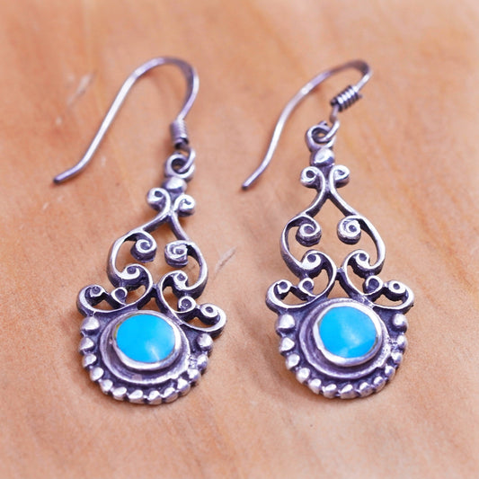 Vintage Sterling 925 silver handmade filigree teardrop earrings with turquoise