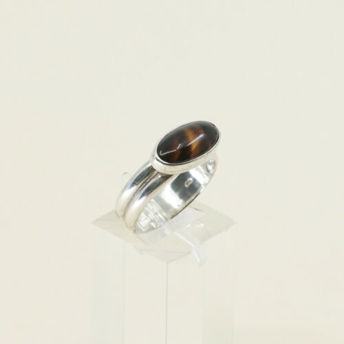 Sz 7, Orangle Amber Oval Cabochon Sterling Silver Solitaire Ring, Stamped 925