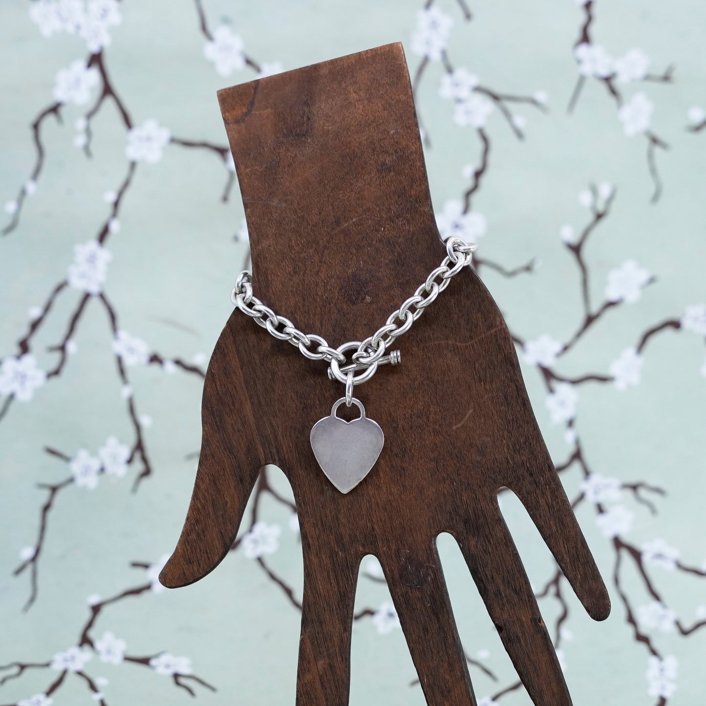 6”, Vintage sterling silver circle link bracelet, bold 925 chain w/ heart charm