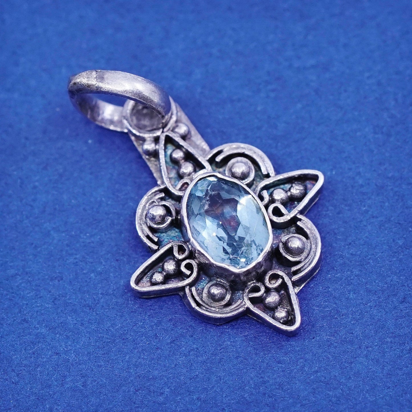 Vintage sterling 925 silver handmade pendant with blue topaz and beads