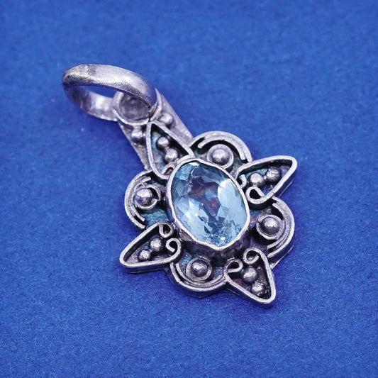 Vintage sterling 925 silver handmade pendant with blue topaz and beads