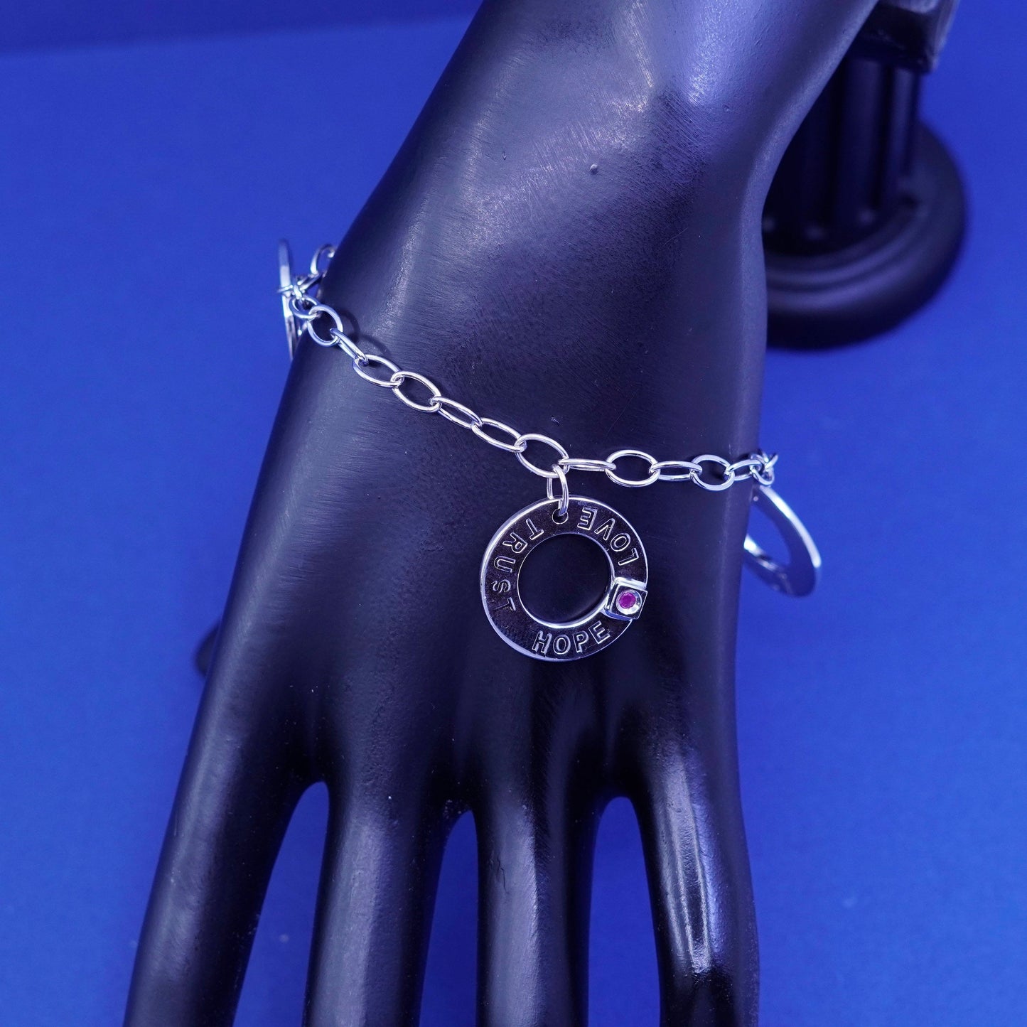 6.5”, Elle Sterling silver handmade bracelet, 925 chain circle tag charms ruby