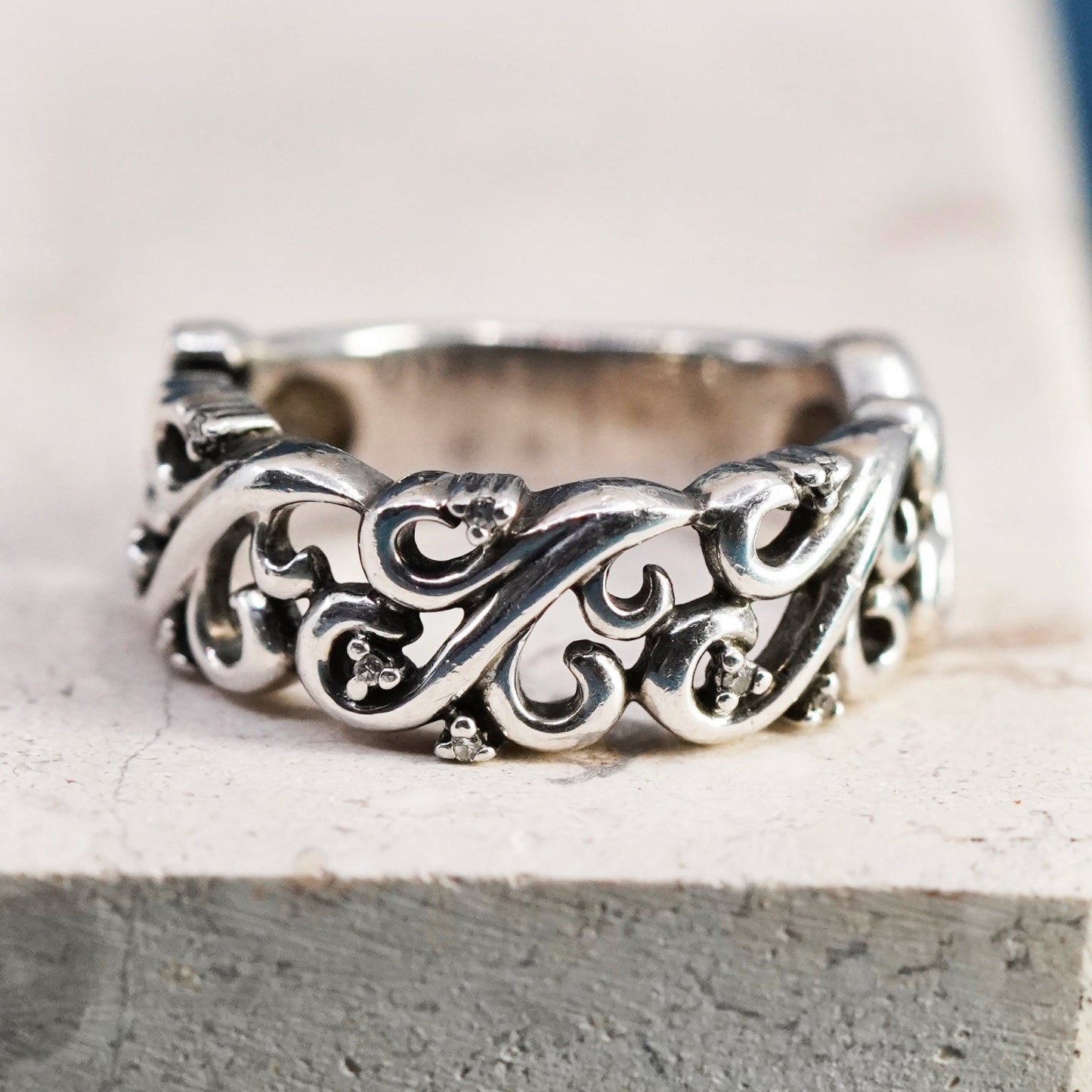 Size 5.5, vintage Sun Sterling 925 silver handmade swirly ring genuine diamonds