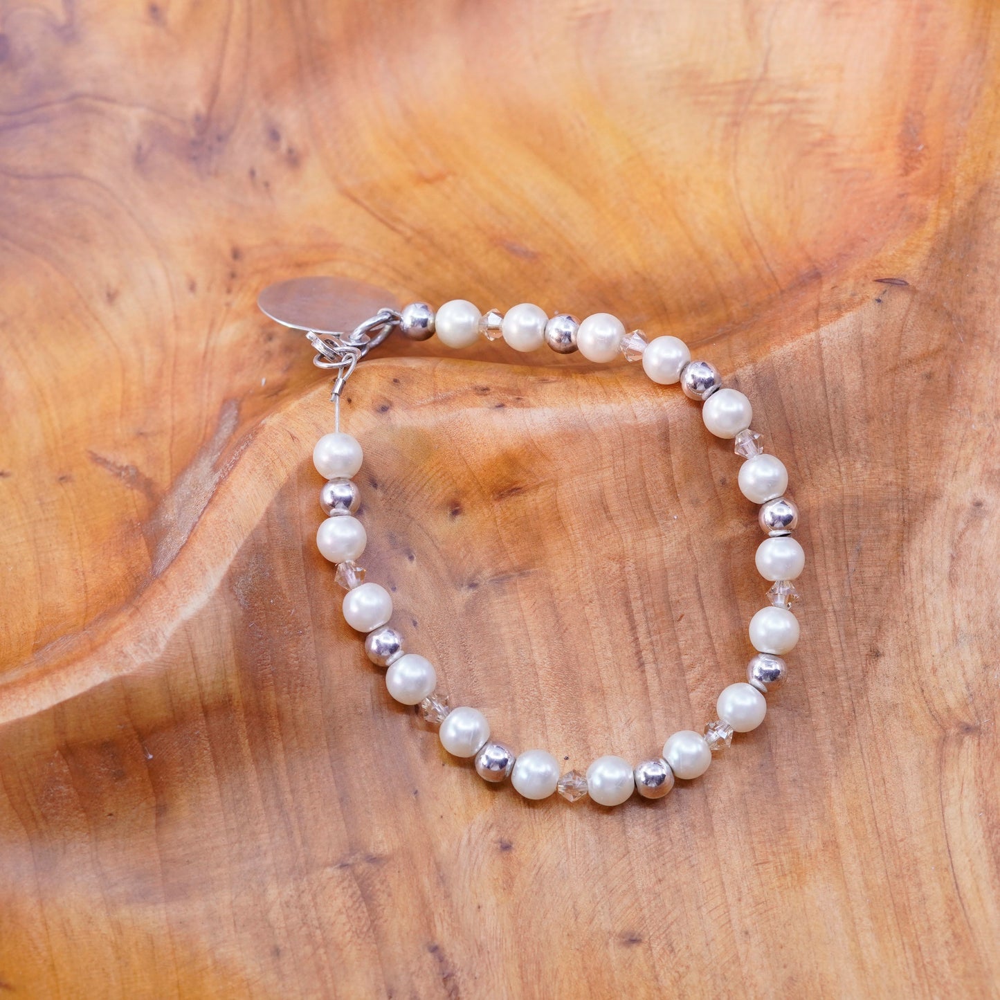 7.25”, Sterling silver bracelet, pearl beads chain 925 charm monogram “ABM”