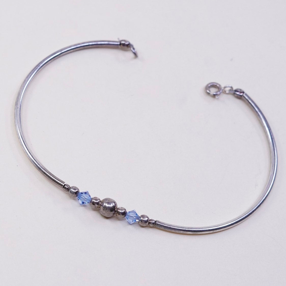 7", VTG sterling silver handmade bracelet, 925 bangle w/ beads N blue crystal