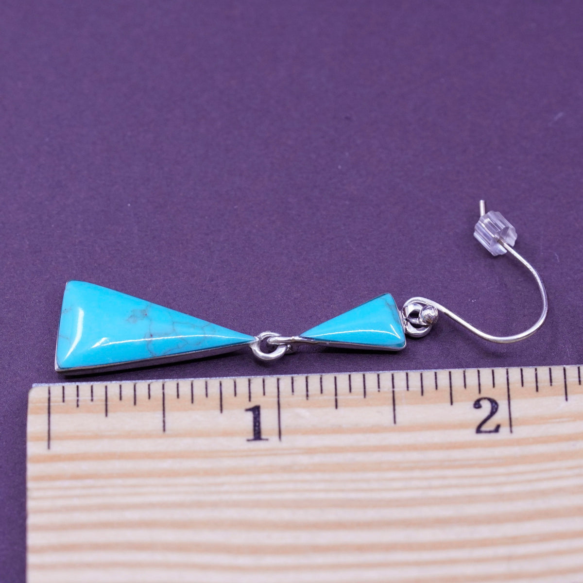 Vintage Sterling 925 silver handmade triangular earrings with turquoise