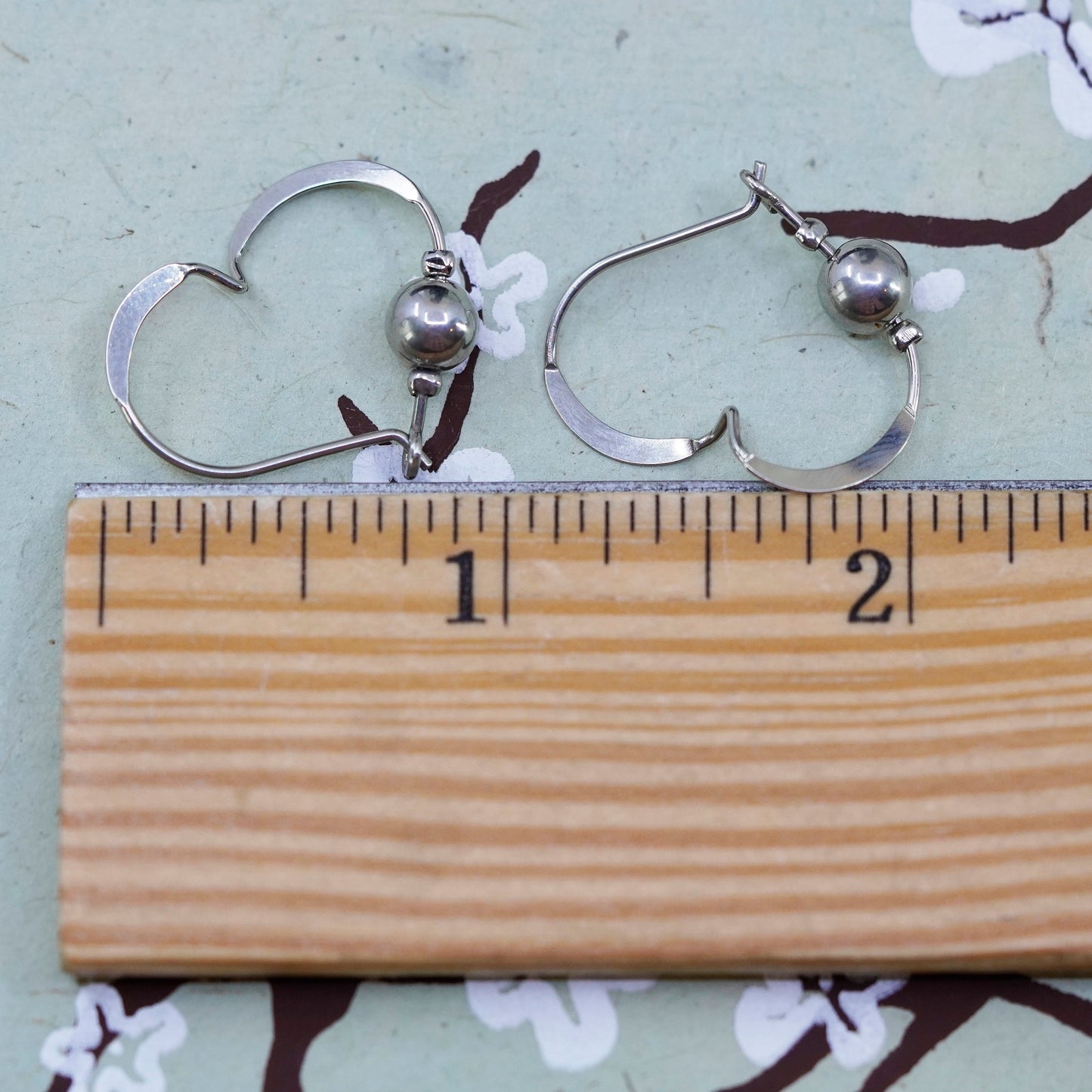 0.75”, Vintage sterling 925 silver loop earrings, heart hoops with beads