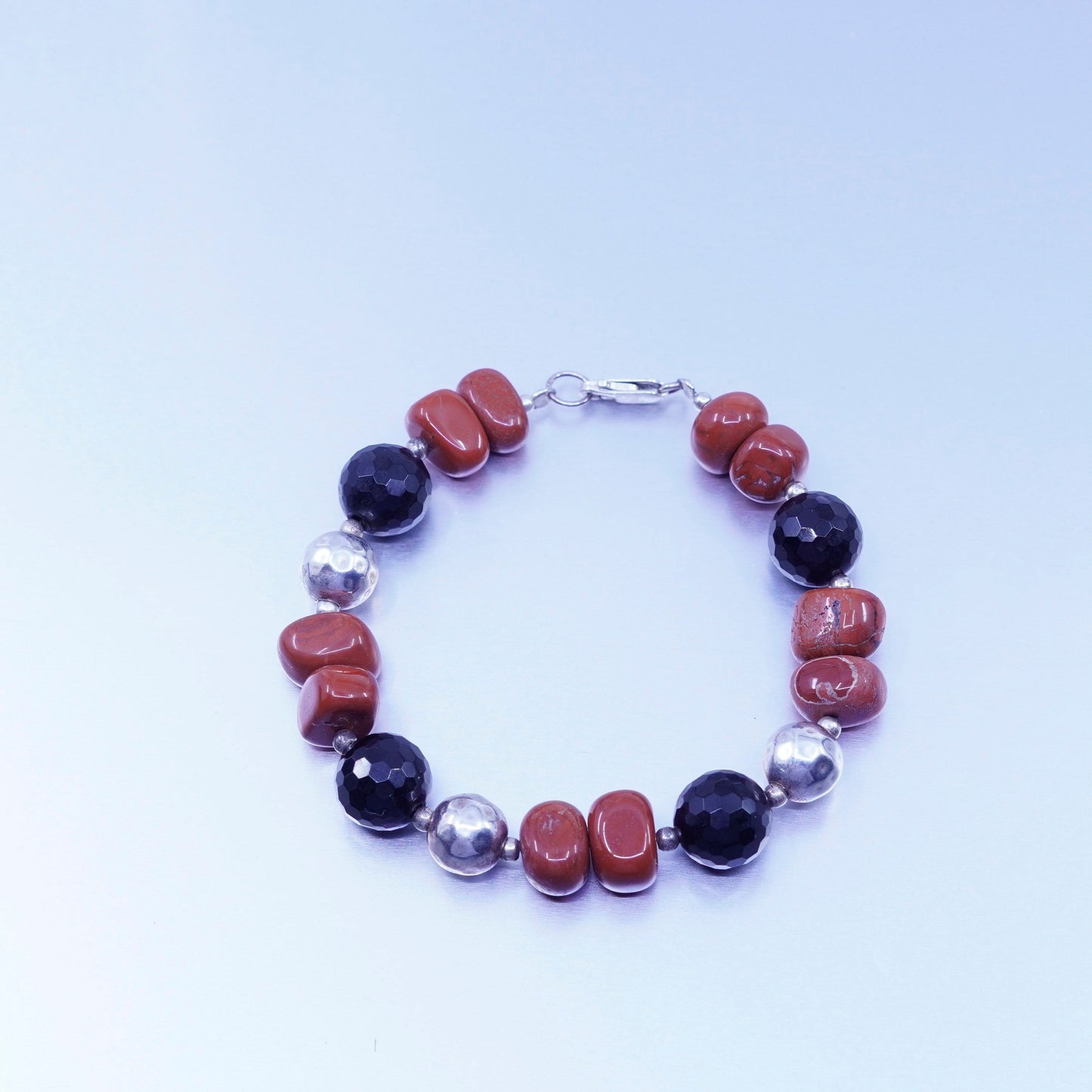7”, vintage Sterling 925 silver handmade bracelet with obsidian jasper beads