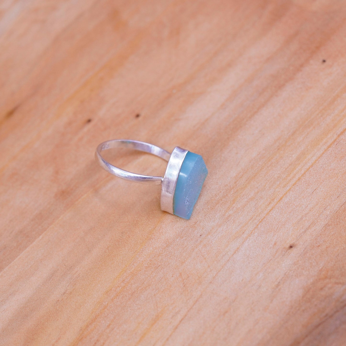 Size 7, Sterling 925 silver handmade ring with green druzy stone