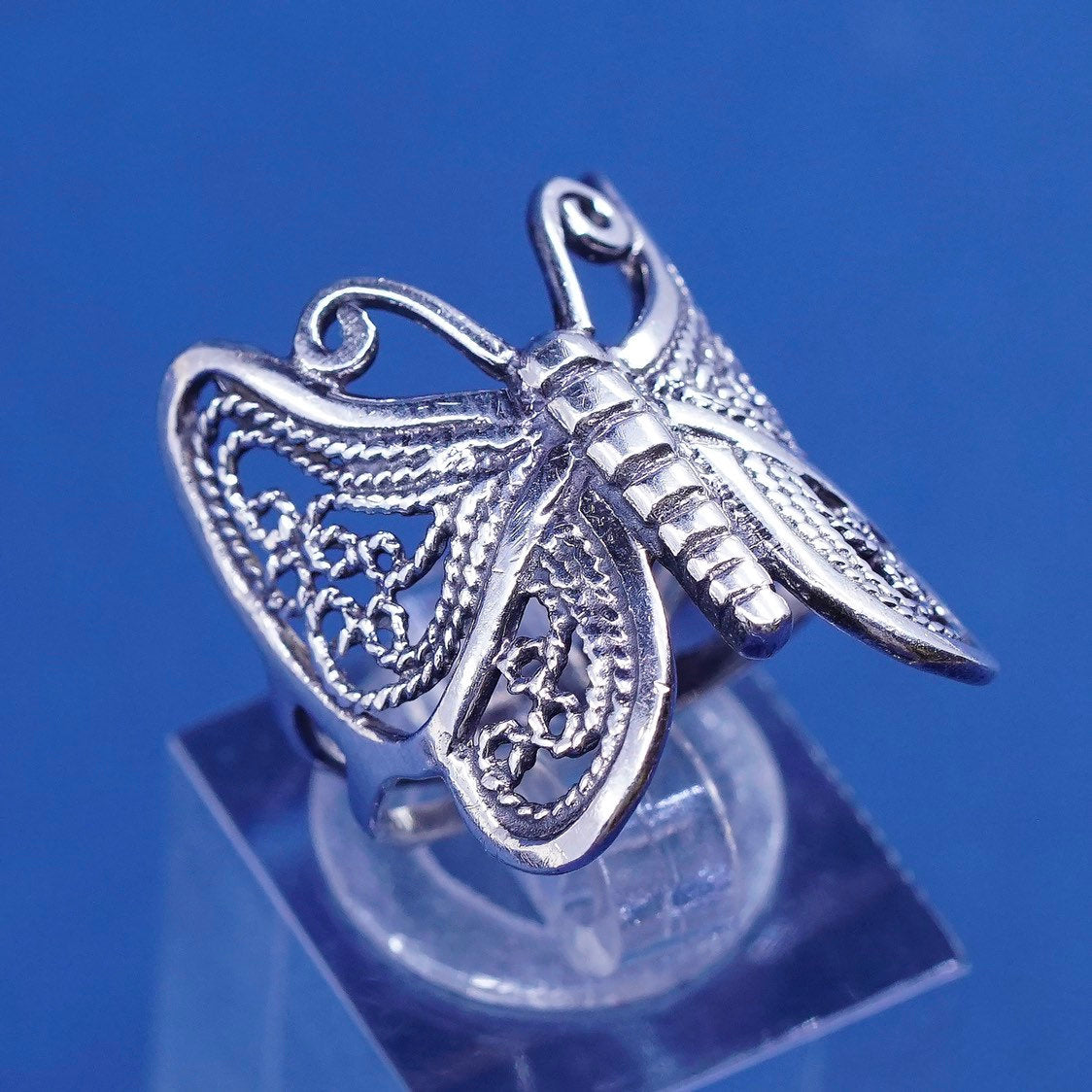 sz 5.5, vtg sterling silver handmade ring, 925 filigree butterfly band