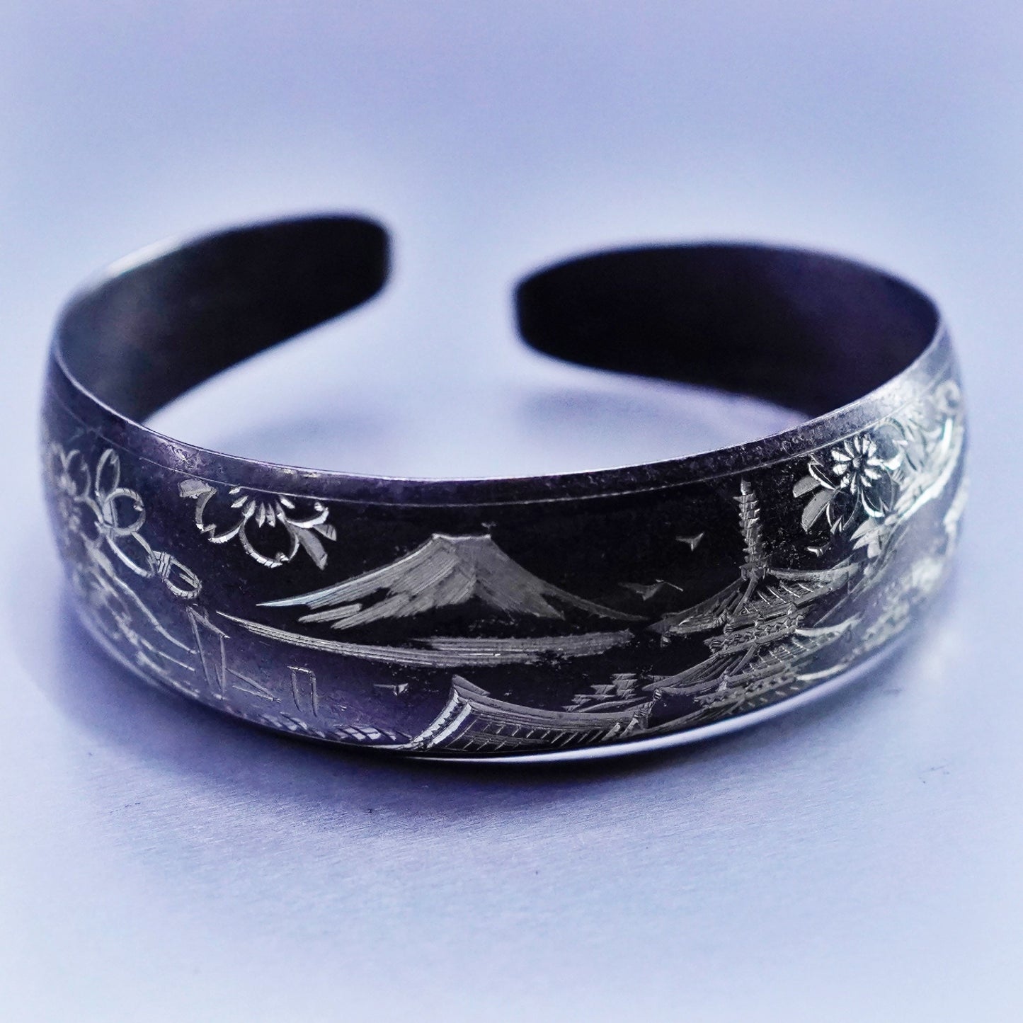 6”, oxidized Sterling 925 silver handmade bracelet, storyteller Japanese cuff