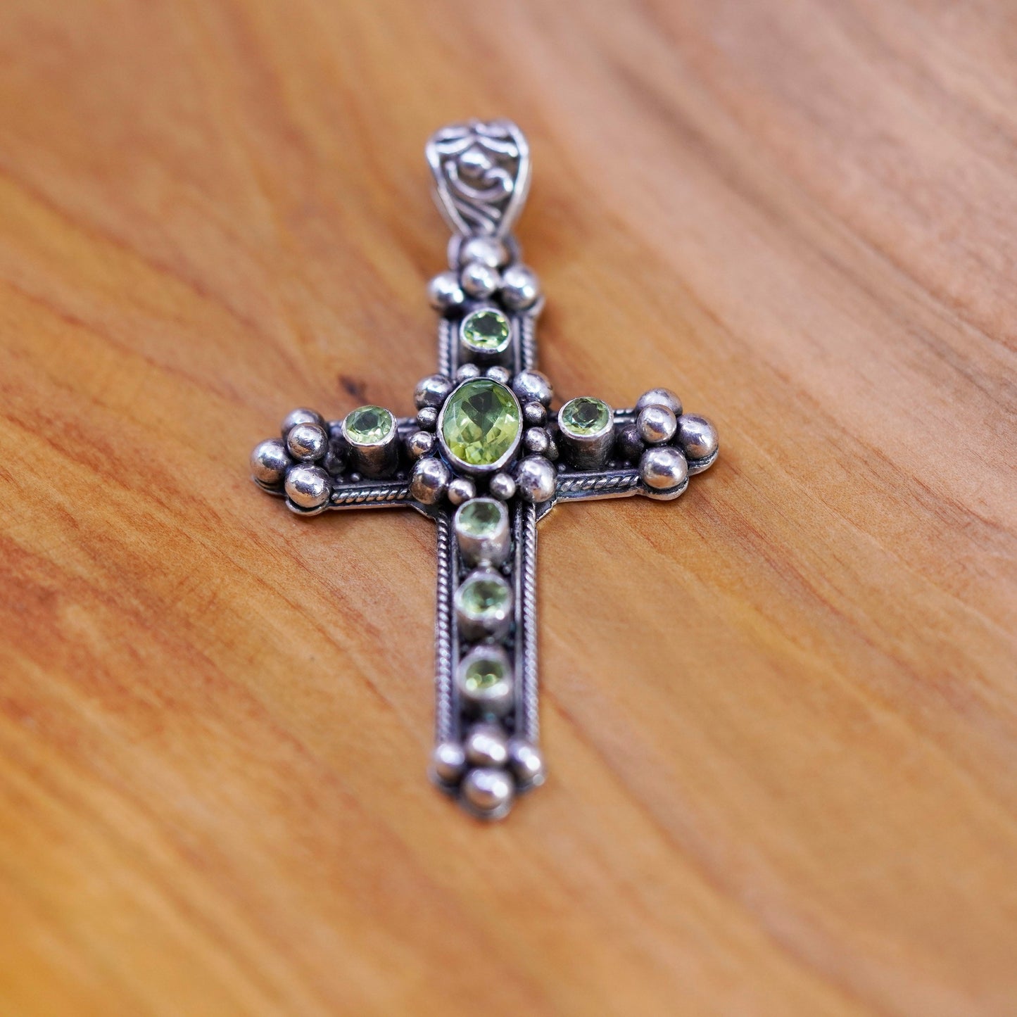 Vintage Sterling 925 silver handmade cross pendant with peridot and beads